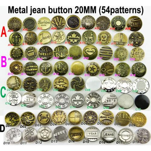 30PCS 20MM 54pattern Design Metal Jeans Button Garment Fit Round Buttons Brand Clothes Accessory JMB-188
