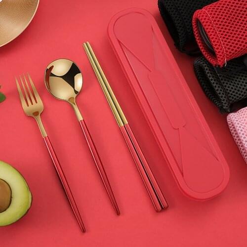 4 pcs Travel Dinnerware Set Multiple Colors Stainless Steel Cutlery Set Knife Fork Spoon Chopsticks with Portable Bag Tableware