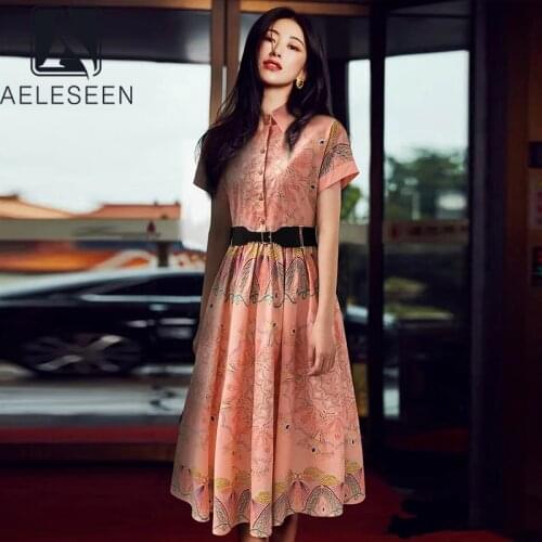 AELESEEN 2021 Summer 100% Cotton Dress Women Runway Fashion Flower Print Elegant With Belt Party Holiday Dress