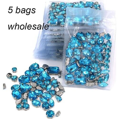 Clothing accessories Wholesale 5 bags mixed shape glass crystal sliver base Lake blue rhinestones diy wedding dress