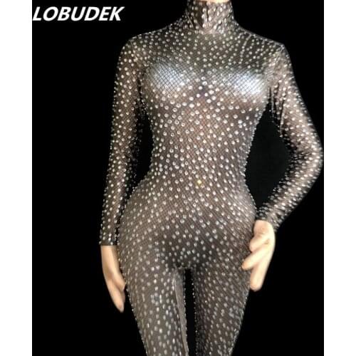 Shiny Full Rhinestones Skinny Jumpsuit Nightclub Women Singer Dance Costume Bar Party Celebration Performance Leotard Jumpsuits