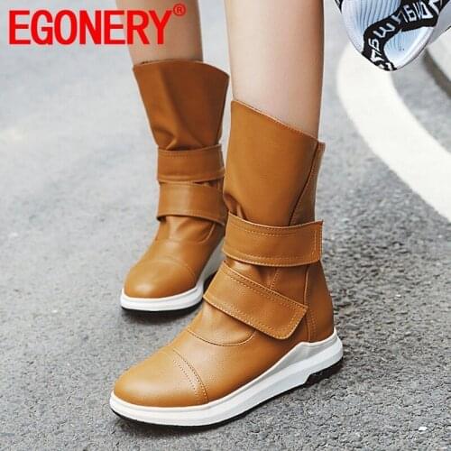 EGONERY Winter New Concise Mid Calf Boots Outside Warm Comfortable Round Toe Mid Heels Women Shoes Drop Shipping Size 34-43