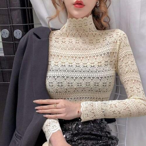 Stretch Lace Womens Turtleneck Long Sleeve Shirts Top Womens Small Shirt Blusas Ropa De Mujer