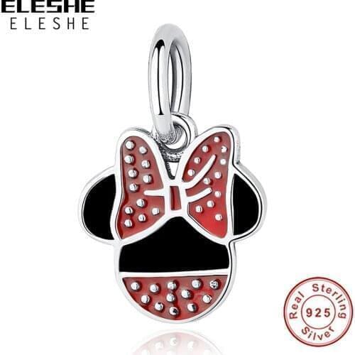ELESHE Wholesale Authentic 925 Sterling Silver Bead Cute Red Enamel Minnie Charm fit Women Bracelets DIY Jewelry Making
