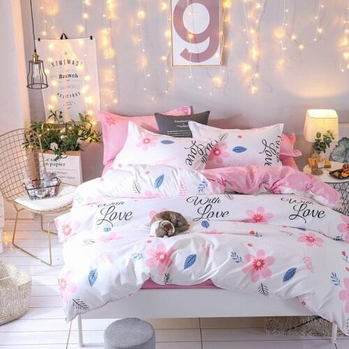 Flower Cartoon White Pink Double Sided Comforter Bedding Set King Queen Full Single Size Bed Linen Duvet Cover Sheet Pillowcase