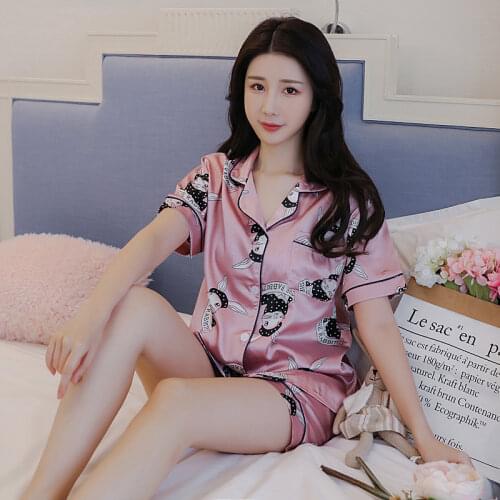 2021 New Spring Summer Women Faux Silk Pajamas Set Cute Print Leisure Nightwear Short Sleeves Sleepwear Set