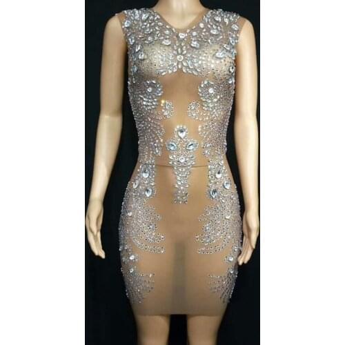 New Silver Crystals Mesh Dress Rhinestones Evening Party Short Dress Womens Birthday Celebrate Outfit Sexy See Through Dresses