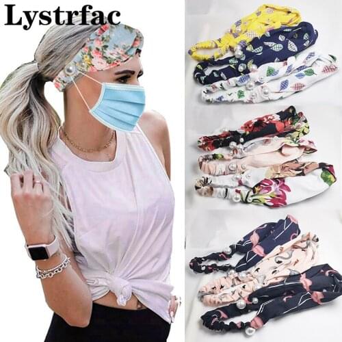 Lystrfac Ladies Detachable Pearl Masks Headband Printed Stretch Yoga Sports Hairband Female Bandanas Women Hair Accessories