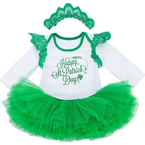 Festival Dress for Baby Girls Cotton Clothing Sets with Green Bodysuits+Green Tutu Skirts+Headband 3pcs Set Saint Patricks Day