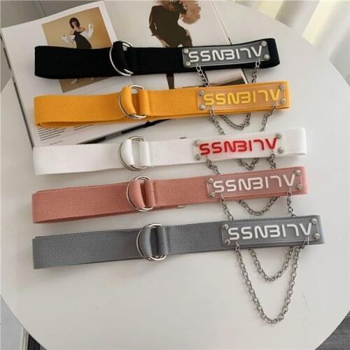 Unisex Canvas Belts Letters Printed D Ring Double Buckle Punk Waist Strap Women Men Teenager Long Wide White Belt