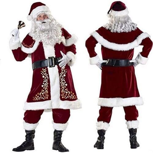 Xmas Santa Claus Suit Adult Christmas Cosplay Costume Red Deluxe Velvet Fancy 9pcs Set Xmas Party Man Costume S-XXL