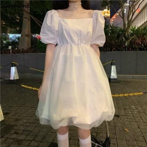 Short Sleeve Dress Women Mesh Kawaii Trendy Elegant Square Collar Retro Chic All-match Ulzzang Streetwear Pleated Solid Leisure
