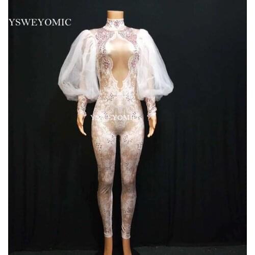 Sexy White Nude Puff sleeve Jumpsuit Sexy Nightclub Bar Wear AB Rhinestones Jumpsuit Costume Prom Birthday Celebrate Outfit