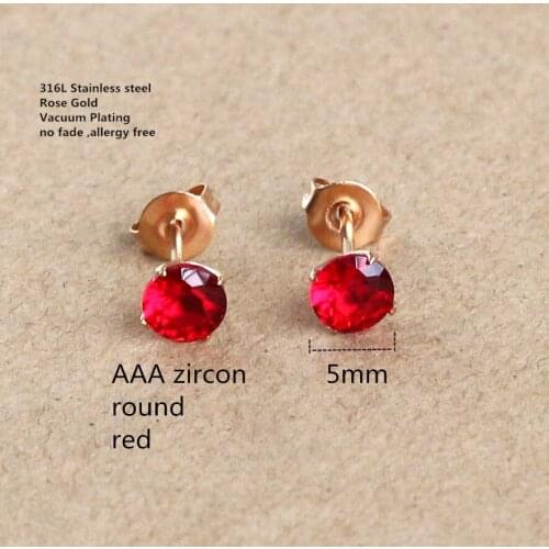 Titanium Stud Earrings 5mm Red AAA Zircon Screw 316 L Stainless Steel Rose gold-color Vacuum Plating No Fade Allergy Free