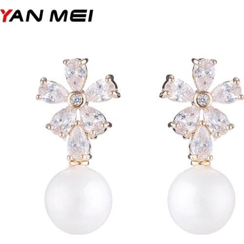YANMEI Imitation Pearls And Flower Stud Earrings For Women Crystal CZ Elegant Korea Earring Fashion Jewelry YME8021