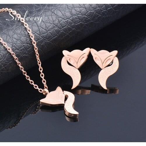 SINLEERY Fashion Stainless Steel Fox Shape Jewelry Rose Gold Color Necklace Earring Set For Women 2021 New Arrival TZ029 SSK
