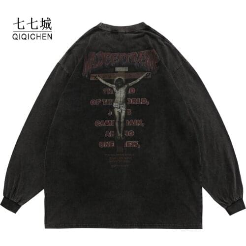 Hip Hop Oversize Sweatshirt Men Streetwear Jesus Letter Washed T-Shirt Harajuku Cotton Men Long Sleeve Tees Vintage Pullover
