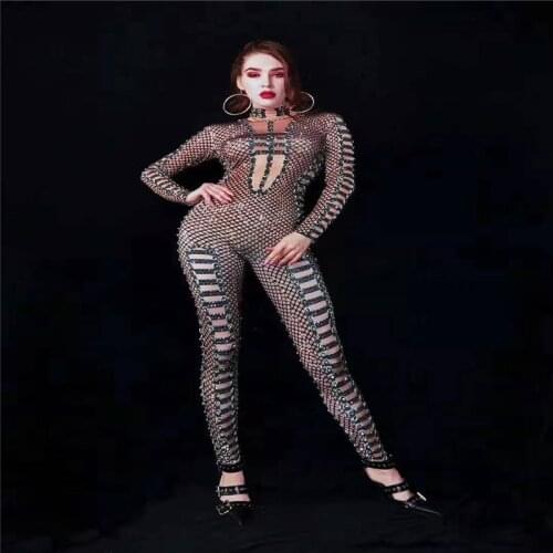 T80 Female printing ehinestone jumpsuit black skinny bandage outfit singer dance costumes crystal outfit long sleeve birthday ds