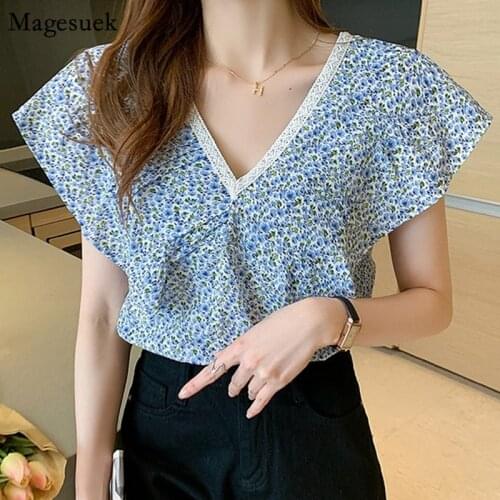 Korean Chic Ruffles Cotton Floral Shirt Women Casual Vintage Loose Print Blouses Women V Neck Sleeveless Tops Blusas Mujer 14921