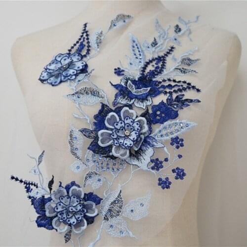 Royal Blue Fabric 3D Flowers Beads Rhinestones Appliques Embroidery Lace Applique Trims Mesh Sew On Patch For Wedding Dress DIY