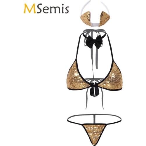 Womens Shiny Sequins Bikini Lingerie Set Halter Neck Tie Back Bra Top with G-String Thong Briefs Underwear Bowtie and Headband