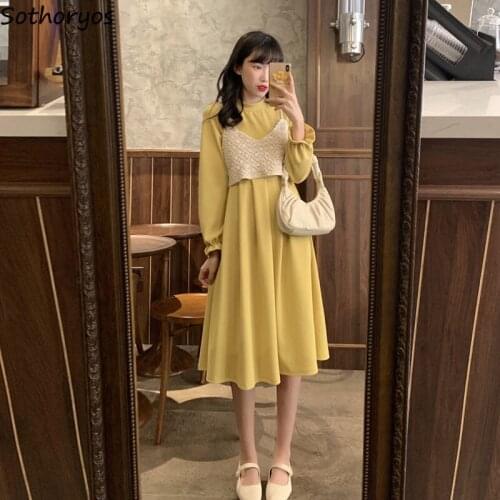 Women Long Sleeve Dress Solid Loose High Waist O-neck Petal Sleeves Soft Simple All-match Sweet Girls Dresses Korean Style Chic
