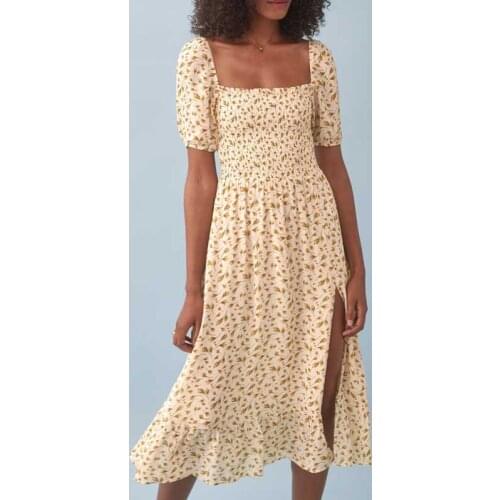 BOHO INSPIRED ruched smocked bust floral dress women new spring summer dress chiffon midi dress vintage style boho dress 2021