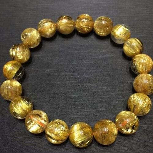 10mm Genuine Natural Gold Rutilated Quartz Rare Clear Round Beads Bracelet Women Men Fashion Big Size Bead Wealthy Stone AAAAAAA