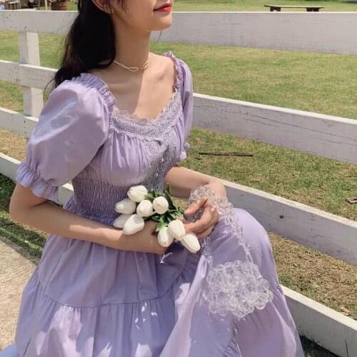 Long Maxi Dress Vintage Square Collar Female Franch Dress Casual Holiday Lady Vestidos 2021 Purple Elegant Lace