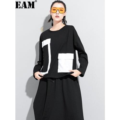 [EAM] Women Black Pocket Split Joint Big Size T-shirt New Round Neck Long Sleeve Fashion Tide Spring Autumn 2021 1Z201