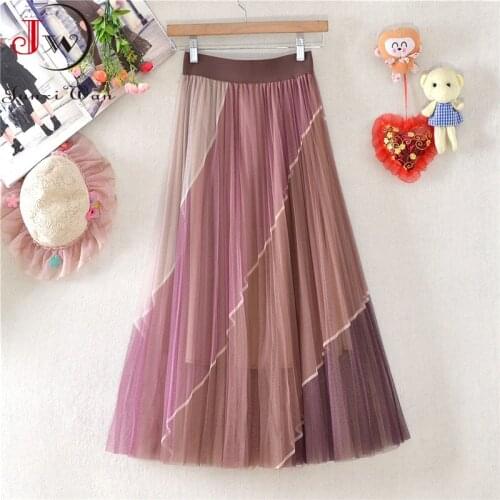 Korean Elegant Mesh Pleated Skirt Women Elastic Waist 2021 Spring Summer Office Ladies Midi Skirts Saias Jupe