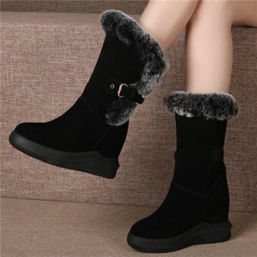 Fashion Sneakers Women Genuine Leather Wedges High Heel Snow Boots Female Warm Rabbit Fur Pumps Shoes High Top Winter Creepers