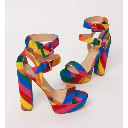 Moraima Snc Rainbow Leather Thick Heels Woman Sandal Summer Open Toe Ankle Strap Platform Shoes Party Dress Shoes Black Red