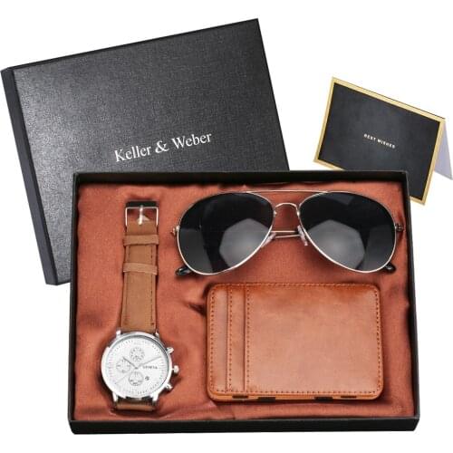 Quartz Watches Mens Gift Set with Box Magic Card Pack Fashion Sunglasses Wristwatch Birthday Gifts for Father Boyfriend Son