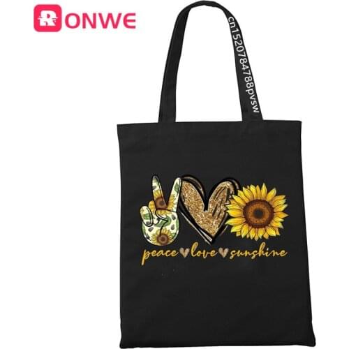 Peace Love Sunshine Black Print Women Shopping Canvas Bag Female Tote Eco 90s Style Shopper Shoulder Girl Bags,Drop Ship