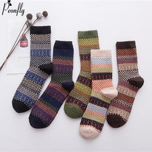 PEONFLY National Style Multi Colorful Geometric Square Printing Men Socks Autumn Winter Thick Rabbit Wool Warm Male Retro Socks