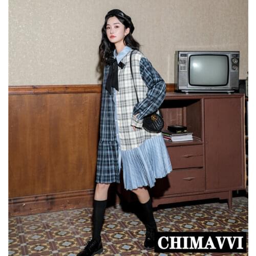 Grid Dress 2020 Spring Fashion Bow Tie Long Sleeve Plaid Color Block Loose Pleated Shirt Dress Girls Loose Autumn Dress