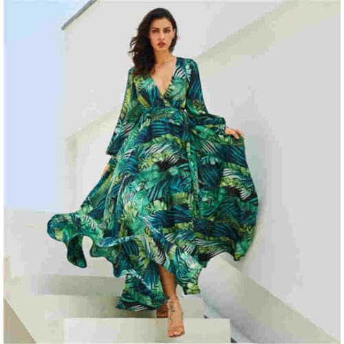 Plus Size S To 3xl 4xl 5xl Women Summer Dress Elegant Floral Leaf Print Long Sleeve Beach Dress For Women Lace Up Maxi Beachwear