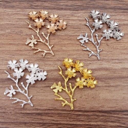 SEA MEW 10 PCS 52*44mm Metal Alloy Gold Silver Color Rhodium Plated Branch Flowers Connectors Charm For Jewelry Making