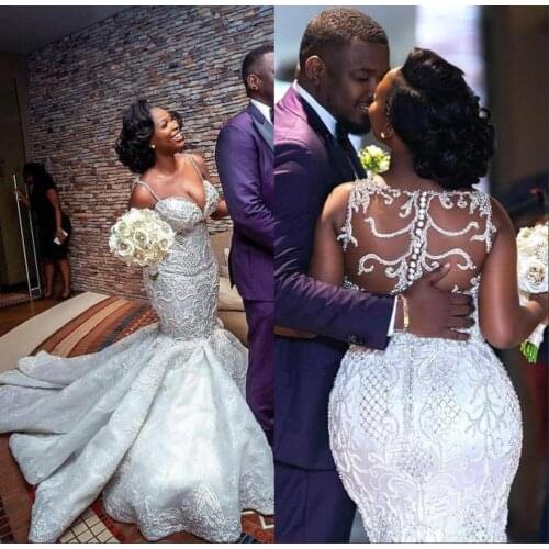 Luxury Crystals Black Girl Mermaid Wedding Dresses Sexy Newest Spaghetti Sheer Back Plus Size Bridal Gown Custom Made 2021