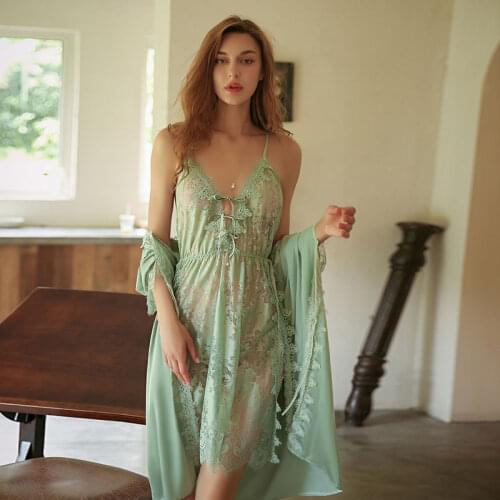 Sexy 2pcs Lace Nighty&Robe Gown Sets New Satin Bathrobe Sleep Suit Womens V-Neck Sleepwear Summer Intimate Lingerie Cami Dress