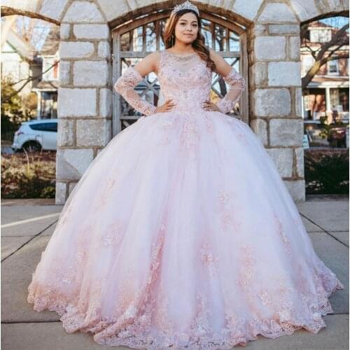 Light Pink Princess Quinceanera Dress 2021 Detachable Sleeve Appliques Beads Backless Party Sweet 16 Gown Vestidos De 15 Años