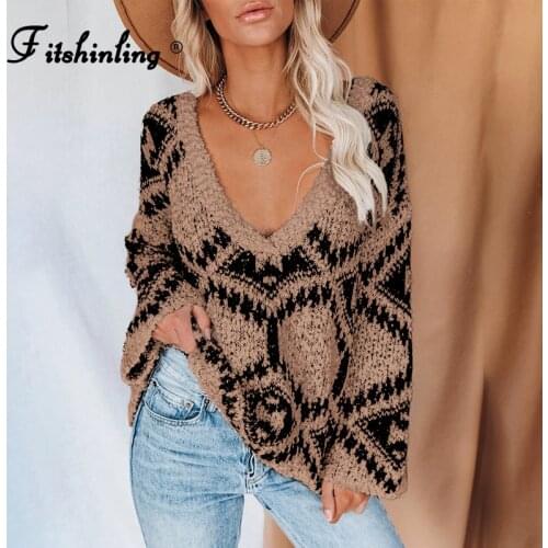 Fitshinling Casual V Neck Sweater Autumn Winter Boho Vintage Pullover Knitwear 2021 New Arrival Jumper Pull Femme Fashion Tops