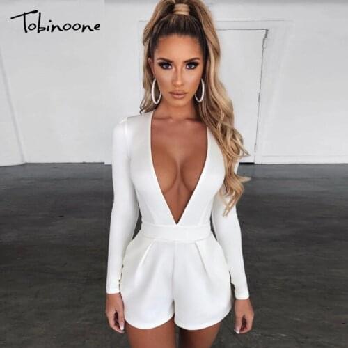 Tobinoone Deep V Neck Sexy Ruffle Pleated White Women Playsuit Zipper Bodycon Bodysuit Elegant Party Rompers Female Overalls