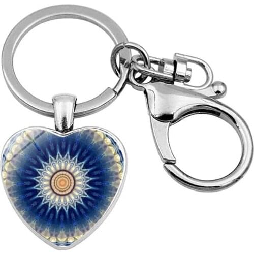 WG 1pc Fashion Mandala Pattern Gem&stone Cabochon Keychain Keyrings Heart Pendant For Trinket Men Car Key Ring Key Chain Jewelry
