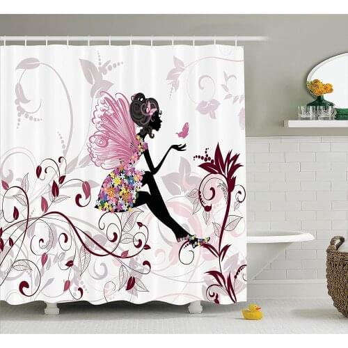 Girls Shower Curtain Teens Decor Flower Fairy with Butterflies Wings Branches Ornamental Floral Spring Forest Bath Curtains