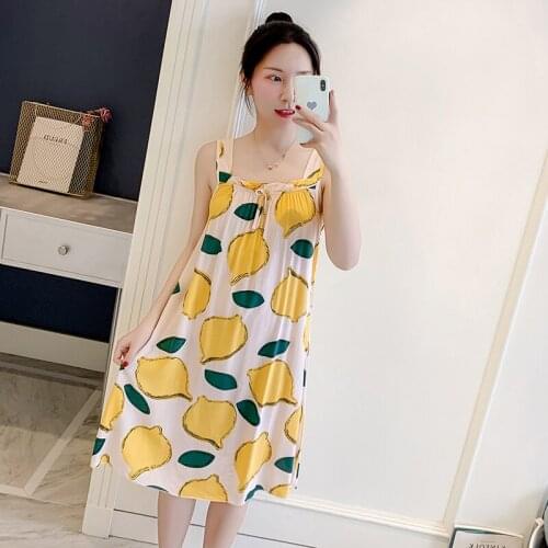 Lemon Print Female Cotton Spaghetti Strap Nightdress Novelty Women Kaftan Bath Gown Summer Sexy Lounge Homewear Oversized