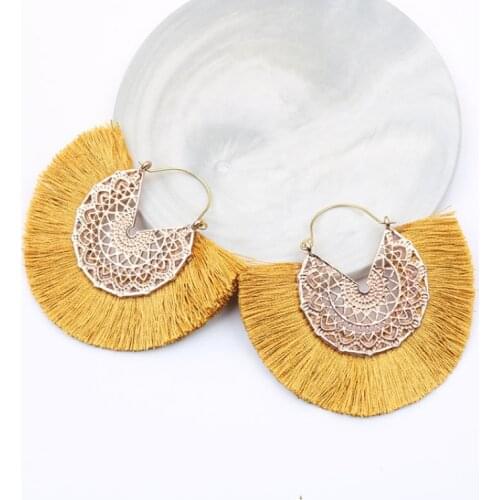 Bohemian Fan Shaped Tassel Earrings for Women Lady Female Fringe Handmade Dangle Earring Vintage yellow Drop Earrings Jewelry