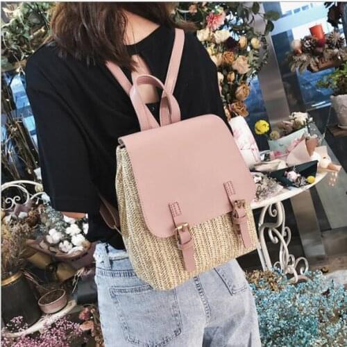 Black Pink Straw Woven Women Backpack Mini Small PU Leather Schoolbags For Teenage Girls High Quality Bags
