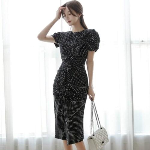 Print Polka Dot Puff Sleeve Dresses for Women Summer 2020 New Korean Split Corset Black Dress Ladies Plus Size Dresses for Women